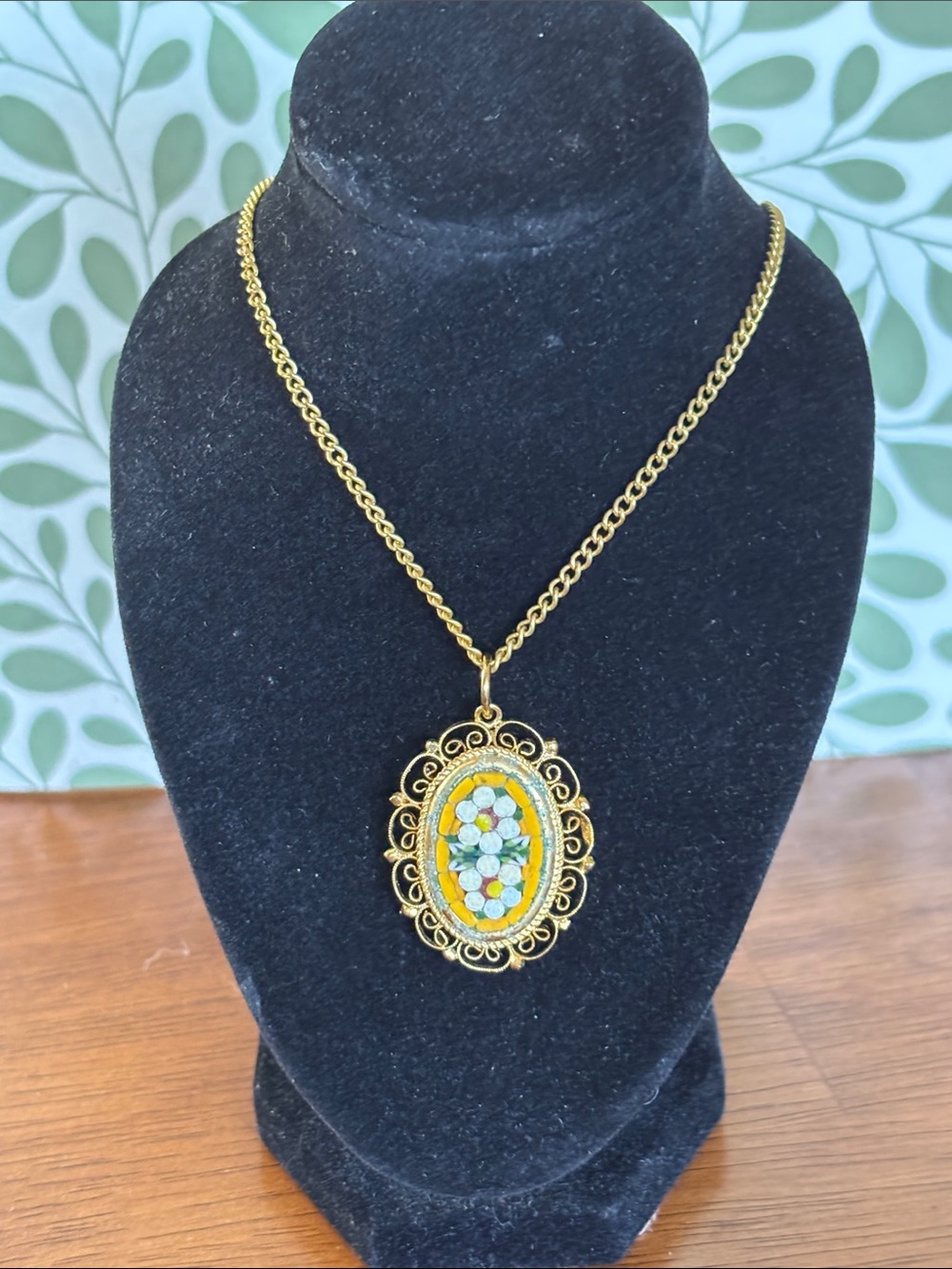 Gold-Tone Italian Floral Mosaic Pendant Necklace - Yellow & Green